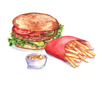 Hand-drawn watercolor fast food illustration. Drawing of the hamburger, French fries and the mustard sauce isolated on the white background