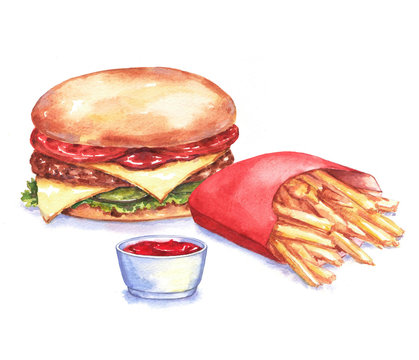 Hand-drawn watercolor fast food illustration. Drawing of the cheeseburger, French fries and ketchup isolated on the white background