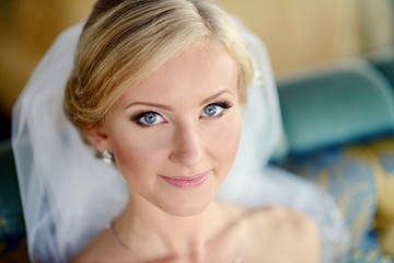 Obraz premium Beauty bride in bridal gown with lace veil indoors. Beautiful model girl in a white wedding dress. Female portrait of cute lady. Woman with hairstyle