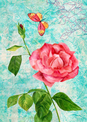 Vintage collage with rose and butterfly on teal texture