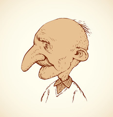 Vector caricature. Gear thoughts in the mind of old man