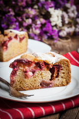 Piece of homemade fresh plum cake.