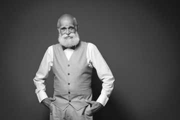Fototapeta na wymiar Elderly bearded man in stylish suit on grey background