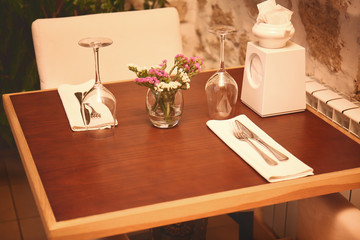 Served wooden table in restaurant