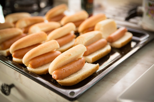 Sausage sandwich in tray ready for bake, Hotdogs in tray (selective focus)