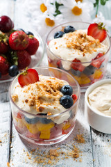fresh fruit dessert with custard in glasses, vertical top view