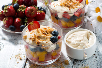 fresh fruit dessert with custard, closeup top view