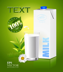 Glass of milk and a package on a natural green background