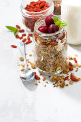 healthy food, granola with goji berries and cherries in a glass