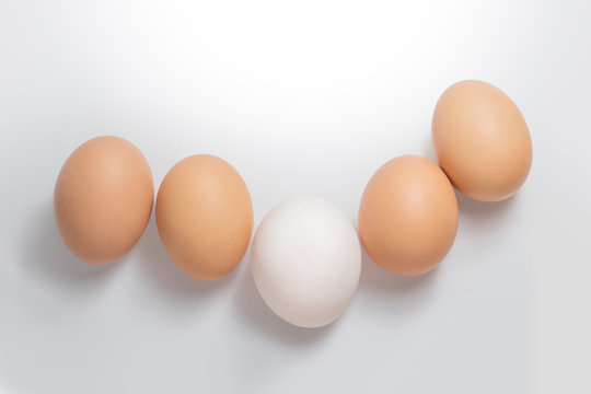 Brown and white eggs on white background