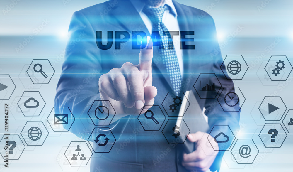 Poster businessman is pressing button on touch screen interface and selecting 