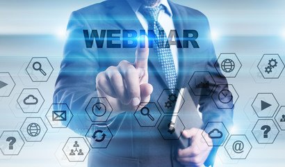 Businessman is pressing button on touch screen interface and selecting 