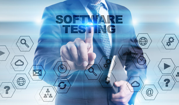Businessman is pressing button on touch screen interface and selecting "Software testing".
