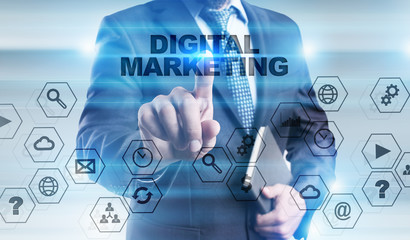 Businessman is pressing button on touch screen interface and selecting 