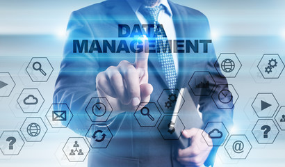 Businessman is pressing button on touch screen interface and selecting 
