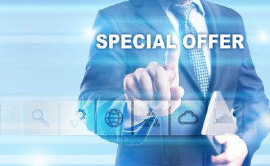 Businessman is pressing button on touch screen interface and selecting 