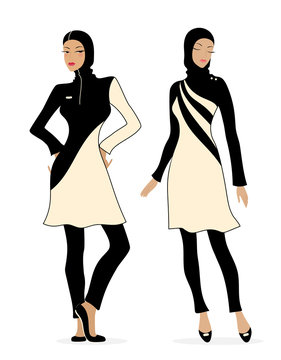 Two girls in swimsuits Islamic burkini. Illustration of Muslim fashion.