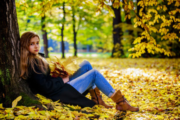 Portrait of a beautiful young girl with long hair in autumn park.
