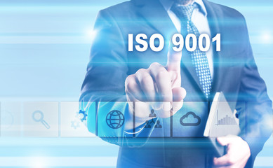 Businessman is pressing button on touch screen interface and selecting 