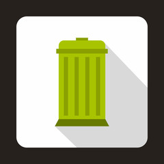 Green trash bin with lid icon in flat style on a white background vector illustration