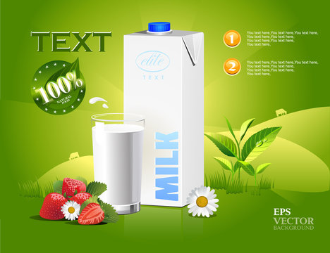 Vector glass of milk and a package on a natural green background. Vector strawberry and flowers.