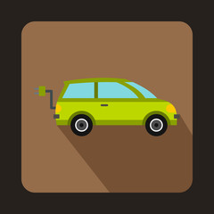 Green electric car icon in flat style on a coffee background vector illustration