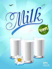 Glass of milk and a package on a natural blue background