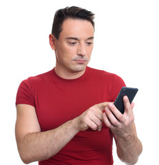 Man typing text message on mobile phone. Isolated