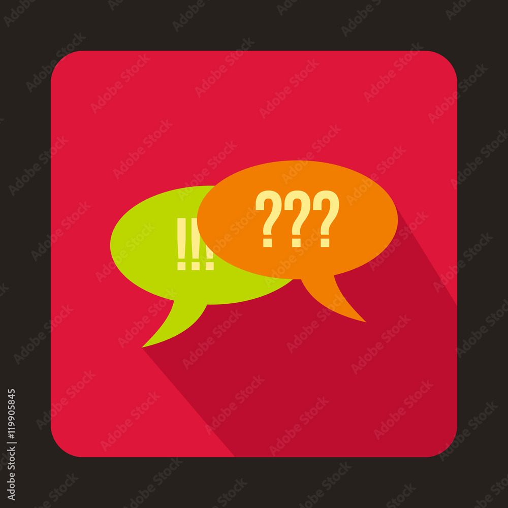Poster speech bubbles with question and exclamation marks icon in flat style on a crimson background vector