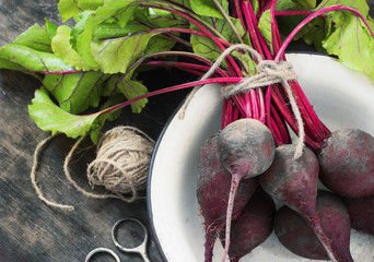 Young,fresh beets with tops on old wooden background.Style rustic.Selective focus