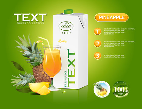 Vector glass of pineapple juice and juice packaging. Fruit icons