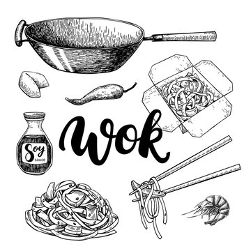 Wok vector drawing with lettering. Isolated chinese box and chop