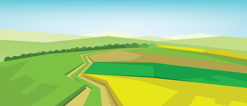 Vector abstract green landscape with yellow fields, hills and roads, flat zigzag style.