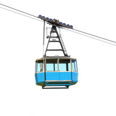 Blue cable car isolated on white background. Retro technology and transportation theme.