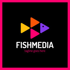 Four triangle fish media logo. Animal Play button logotype