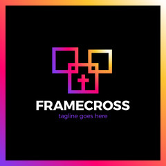 Frame Cross Church Logo. Christian Box Square Logotype.