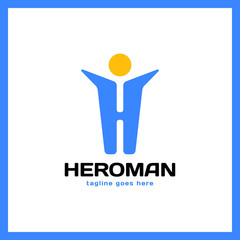 Hero Man Logo - Letter H. Hand Up Men Logotype.