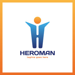 Hero Man Logo - Letter H. Hand Up Men Logotype.