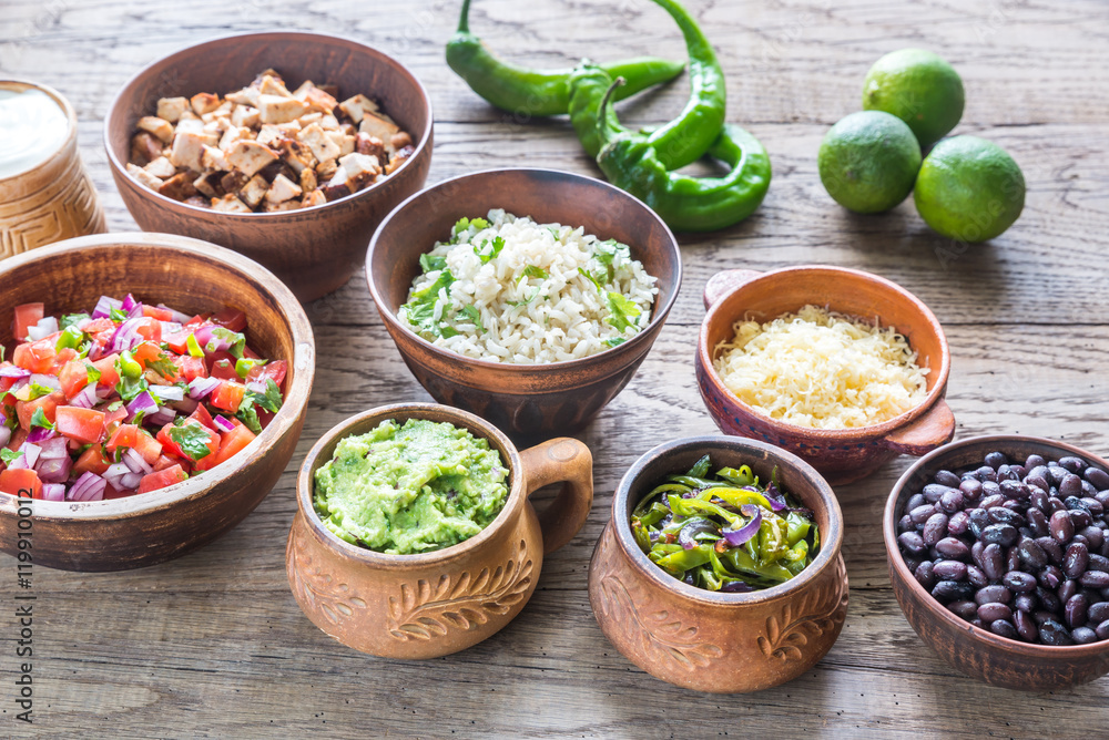 Poster ingredients for chicken burrito bowl