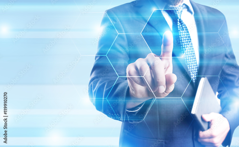 Poster virtual screen concept. businessman pressing button with empty space for text. hexagon, honey comb.