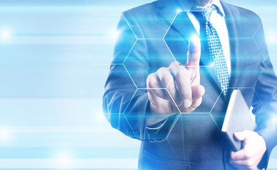 Virtual screen concept. Businessman pressing button with empty space for text. hexagon, honey comb. 