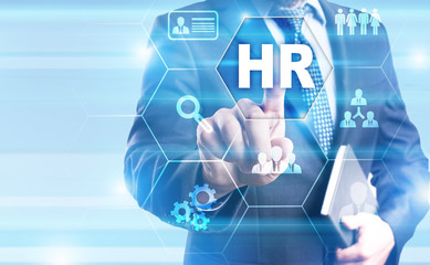 Businessman pressing button on virtual screen and select HR management concept. 