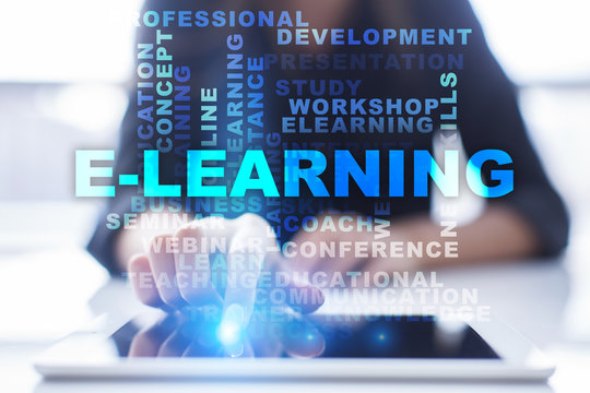 Womans pressing button on teblet and select E-learning Words Cloud. Education concept. 