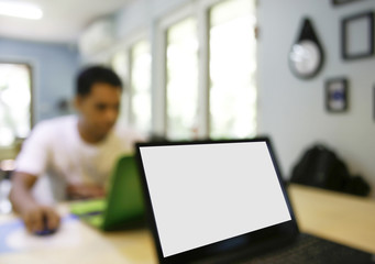 Blurred man with laptop at cafe background, business , technolog