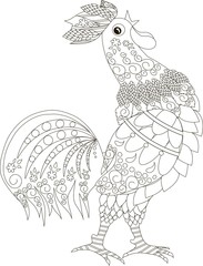 Zentangle stylized cock is crows, black and white hand drawn vector illustration