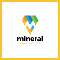 Letter M negative space mineral logo. Line Pin diamond triangle logotype