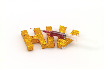 Blood in  syringe and  needle on A word  HIV  background