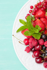 Closeup of white plate full of fresh organic berries: strawberries, blueberries, raspberries, gooseberry, blackcurrant decorated with mint as summer dessert or snack. Healthy food and eating concept