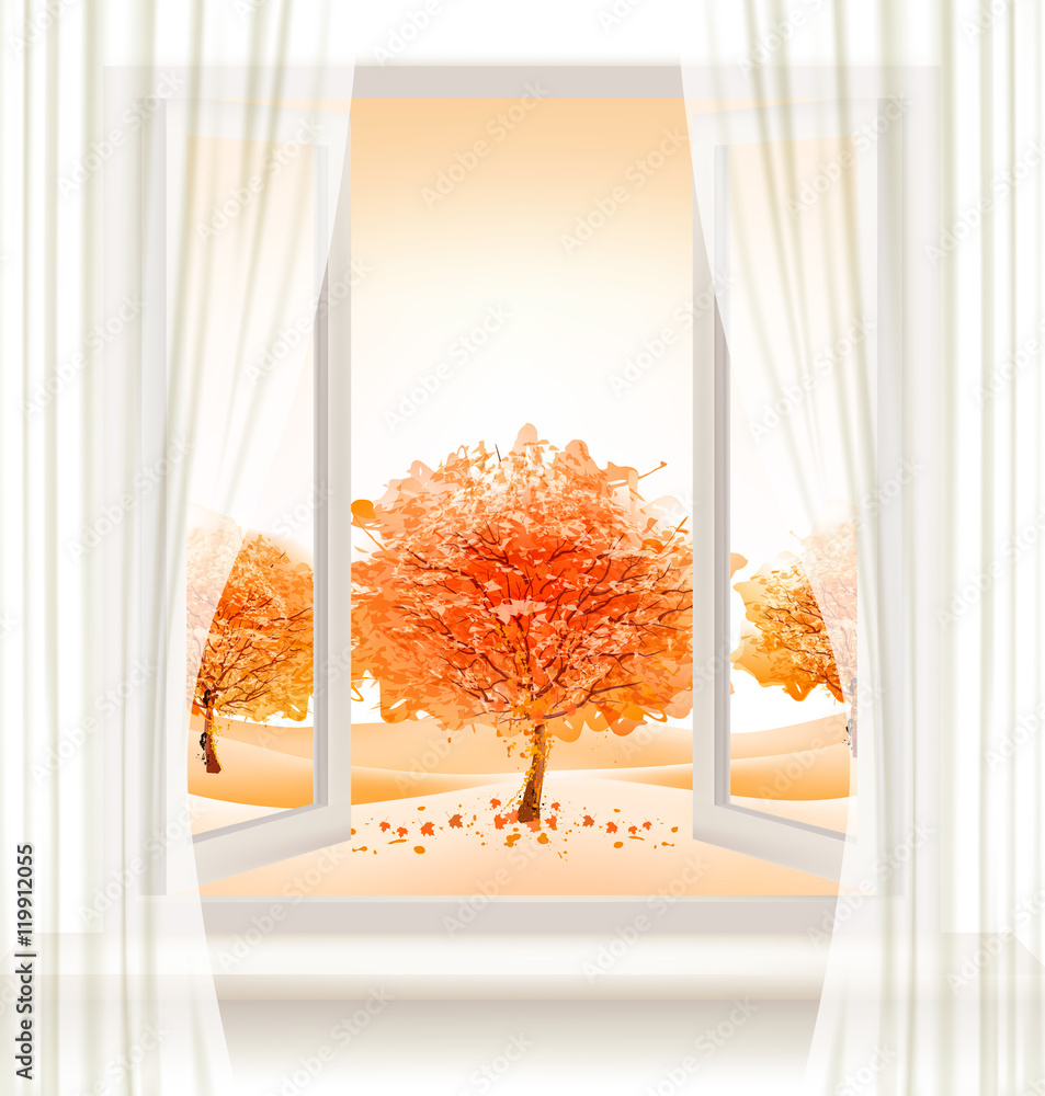 Poster Autumn background with an open window and colorful trees. Vector