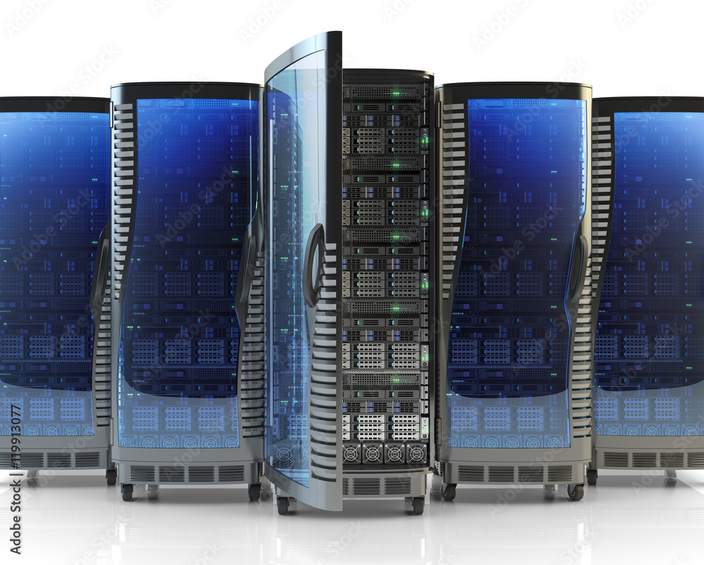 Poster network server and internet hosting concept, server racks with telecommunication equipment in datace
